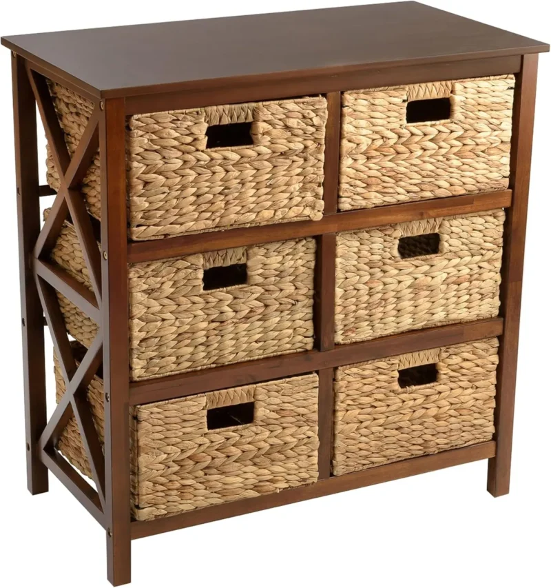 Rustic X-Side Storage Cabinet End Table with 6 Wicker Baskets for Bedroom Organization - Image 11