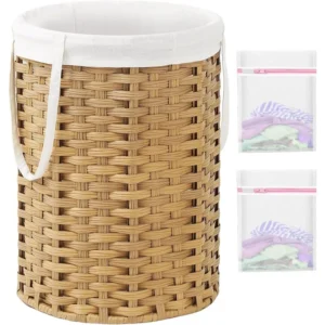 Large Round Handwoven Rattan Laundry Hamper with Removable Liner for Bathroom Storage