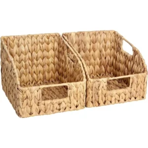 Handwoven Water Hyacinth Pantry Storage Baskets with Built-in Handles for Kitchen and Shelf Organization