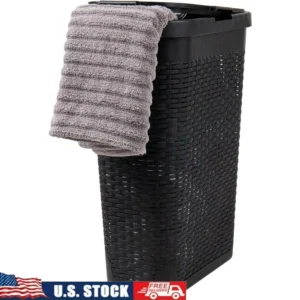 Slim 40L Wicker Laundry Hamper with Lid and Cut-out Handles for Bathroom and Bedroom Storage