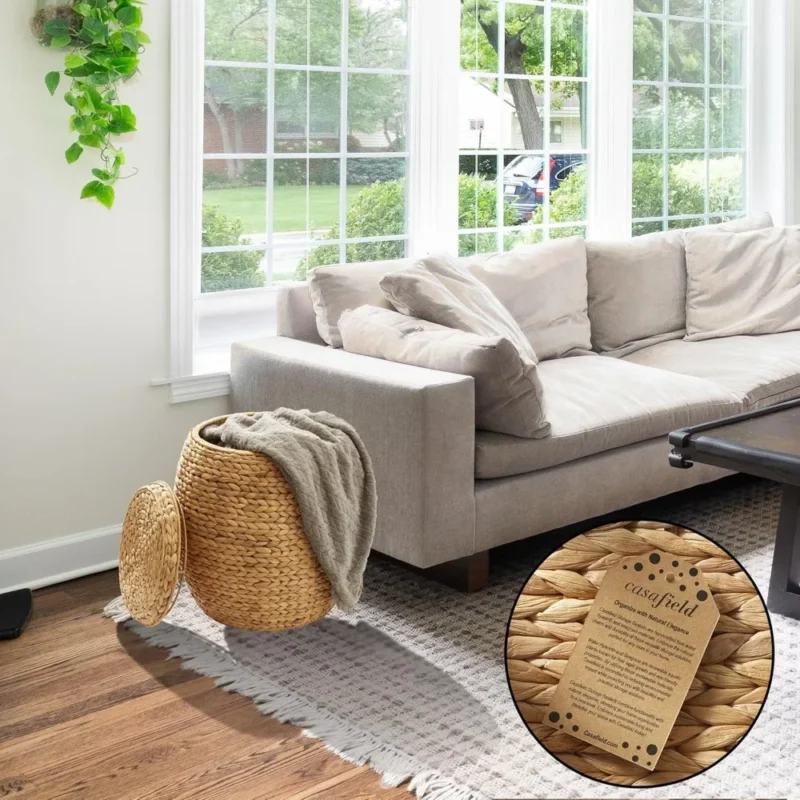 Large Round Handwoven Water Hyacinth Storage Basket with Lid for Home Organization and Decor