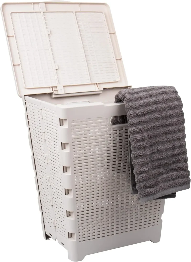 Large 61L Foldable Wicker-Design Plastic Laundry Hamper with Lid for Bathroom and Bedroom Storage - Image 10