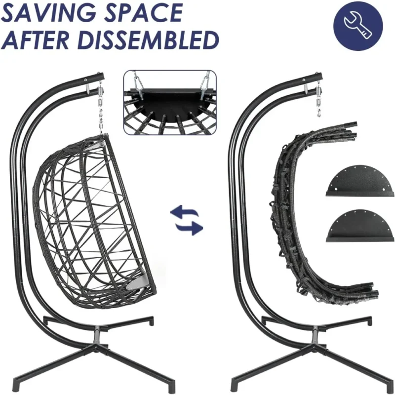 Extra Large Double Hanging Egg Chair with Stand Wicker Patio Swing Basket for Two Adults - Image 4