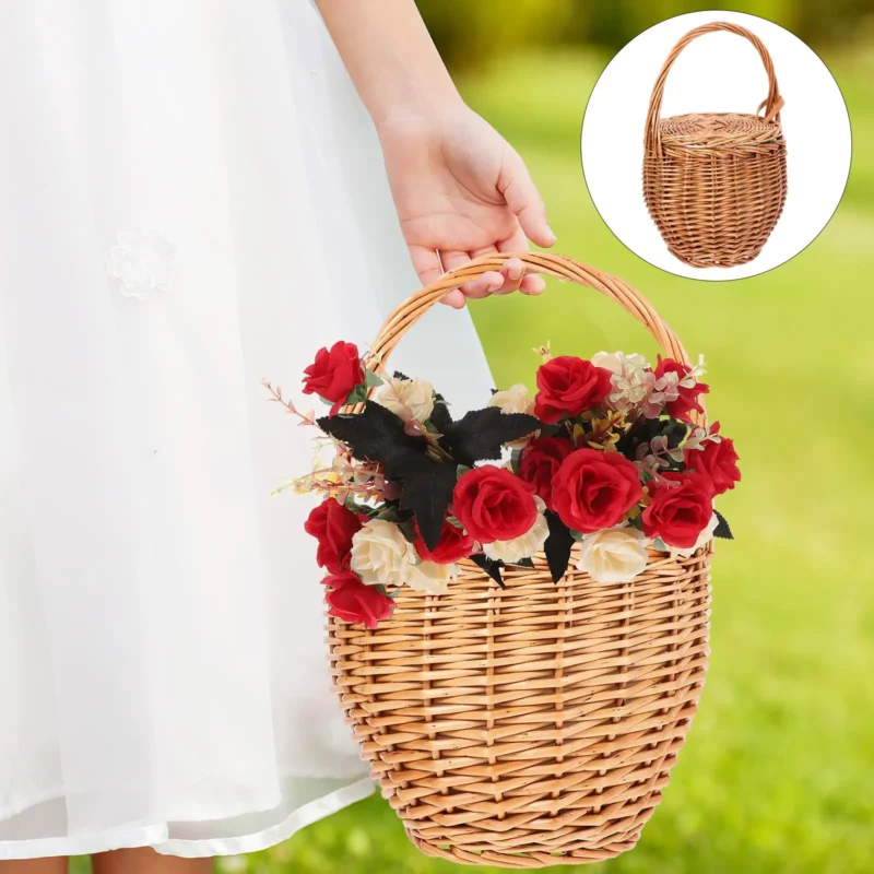 Handcrafted Wicker Flower Basket with Handle for Picnic Gatherings and Floral Arrangements 20.5cm - Image 3