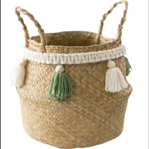 Small White Seagrass Storage Basket with Handles for Home Organization and Plant Display