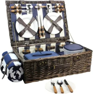 Extra Large Willow Picnic Basket with Dining Set for 4 People with Food Cooler and Fleece Blanket