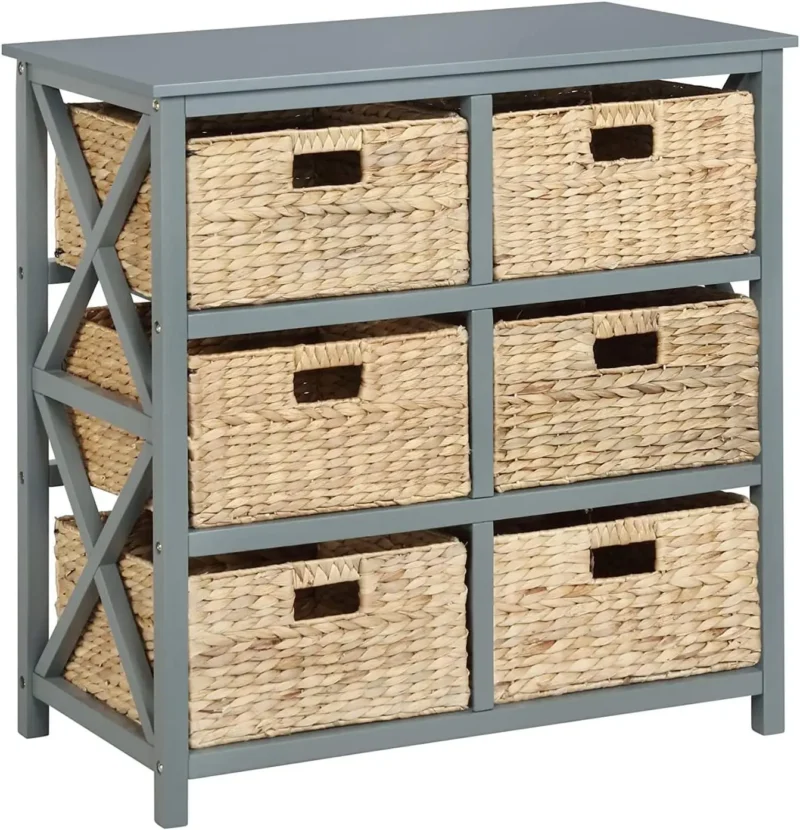 Rustic X-Side Storage Cabinet End Table with 6 Wicker Baskets for Bedroom Organization - Image 8