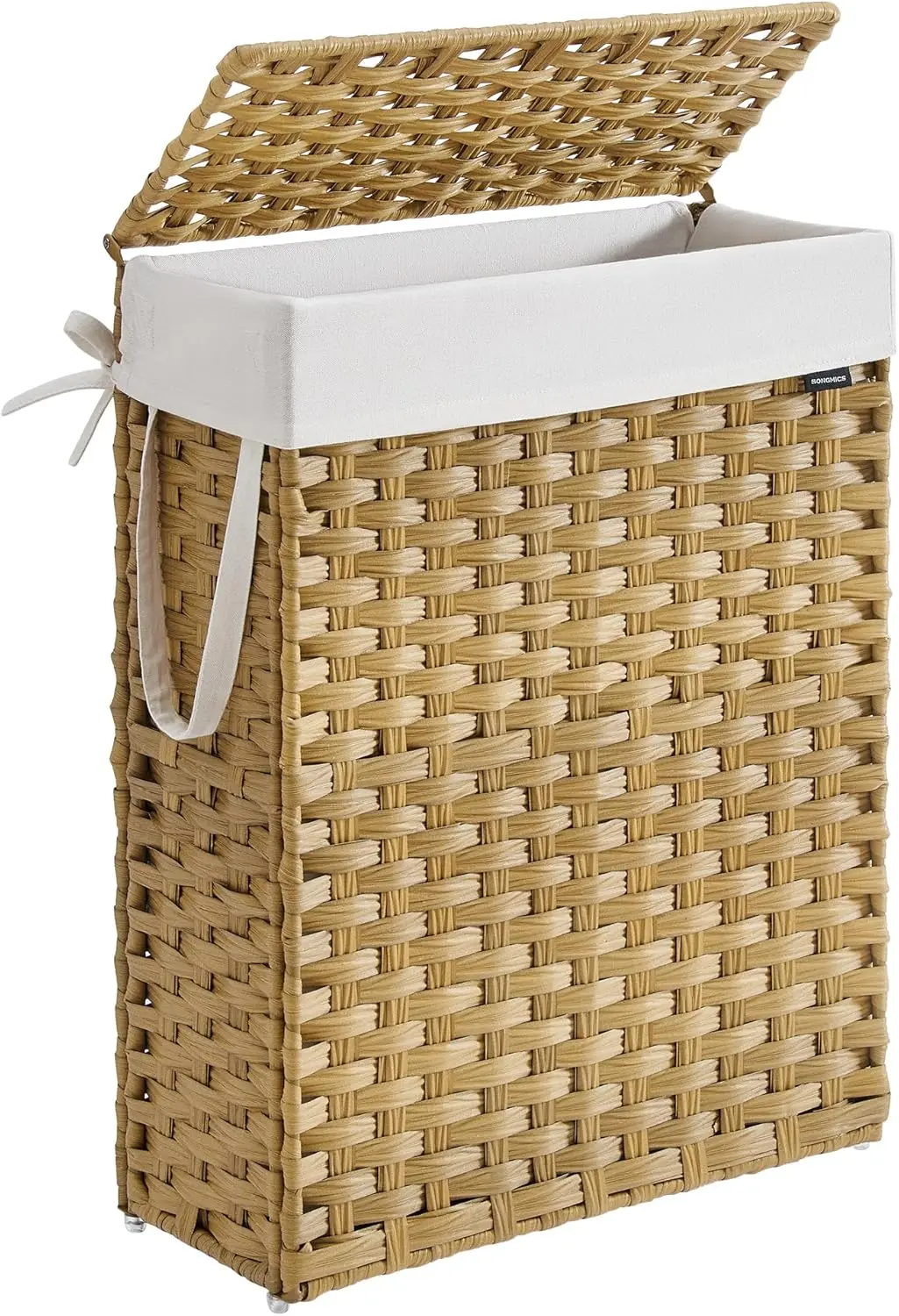 Tall wicker hamper with lid showing optimal dimensions for laundry organization
