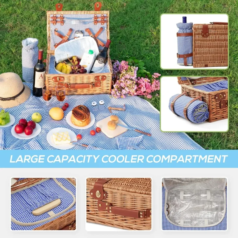 Deluxe Wicker Picnic Basket Set with Cooler Compartment, Blanket and Cutlery for 4 Person Outdoor Dining - Image 5