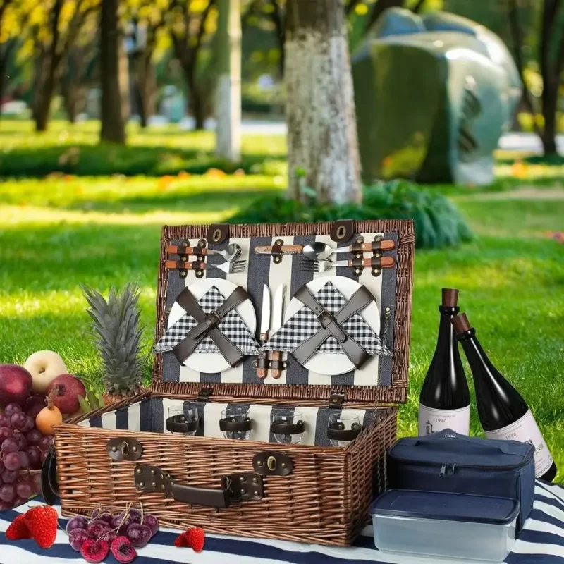 Extra Large Willow Picnic Basket with Dining Set for 4 People with Food Cooler and Fleece Blanket - Image 2