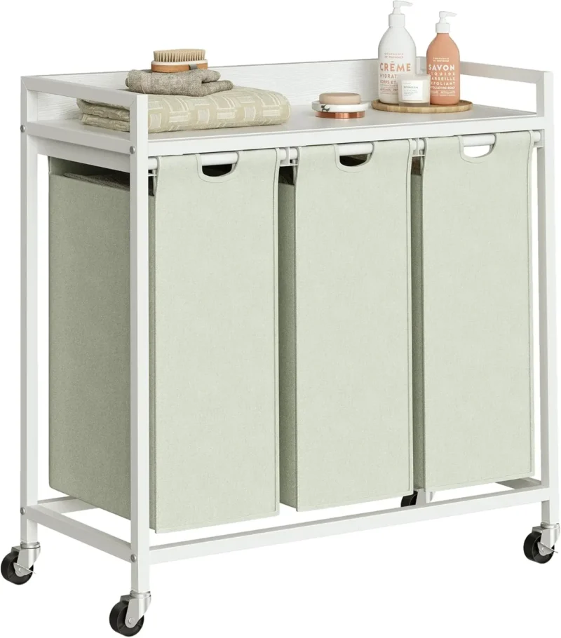 Rustic 3-Section Sorting Laundry Hamper with Storage Shelf and Removable Bags for Bathroom Organization - Image 8
