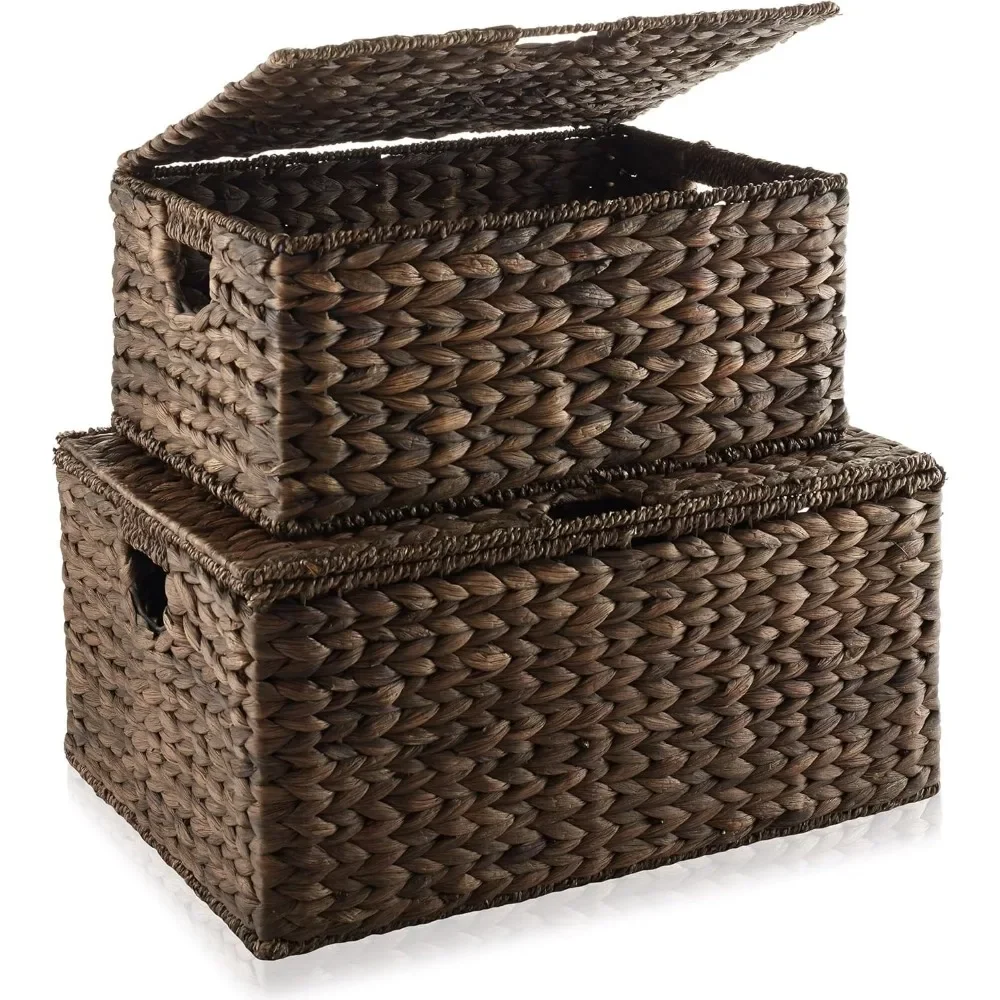 Handwoven lidded storage baskets perfect for seasonal clothing storage on closet shelves