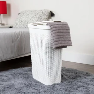 Slim White Plastic Wicker-Design Laundry Hamper with Lid for Bathroom Organization (40L)