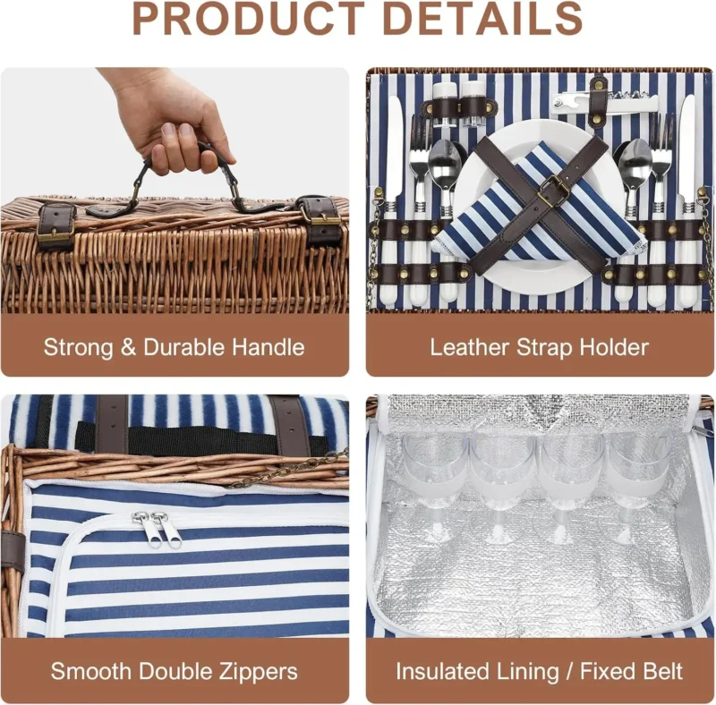 Classic Wicker Picnic Basket with Cooler and Blanket for 4 Persons Family Outdoor Dining - Image 4