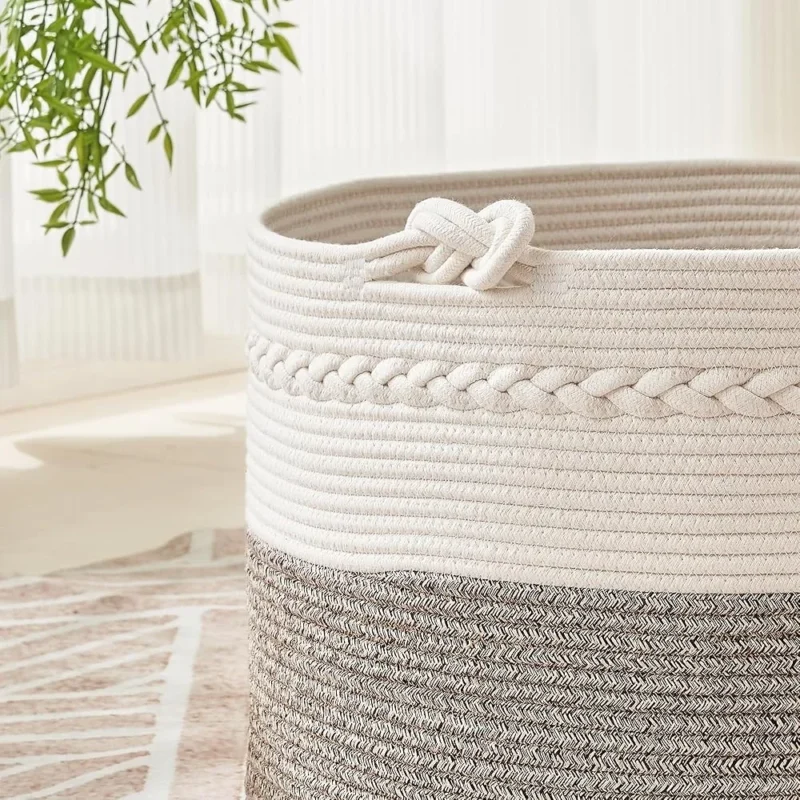 Large Woven Cotton Rope Storage Basket with Handles for Laundry and Toy Organization - Image 6