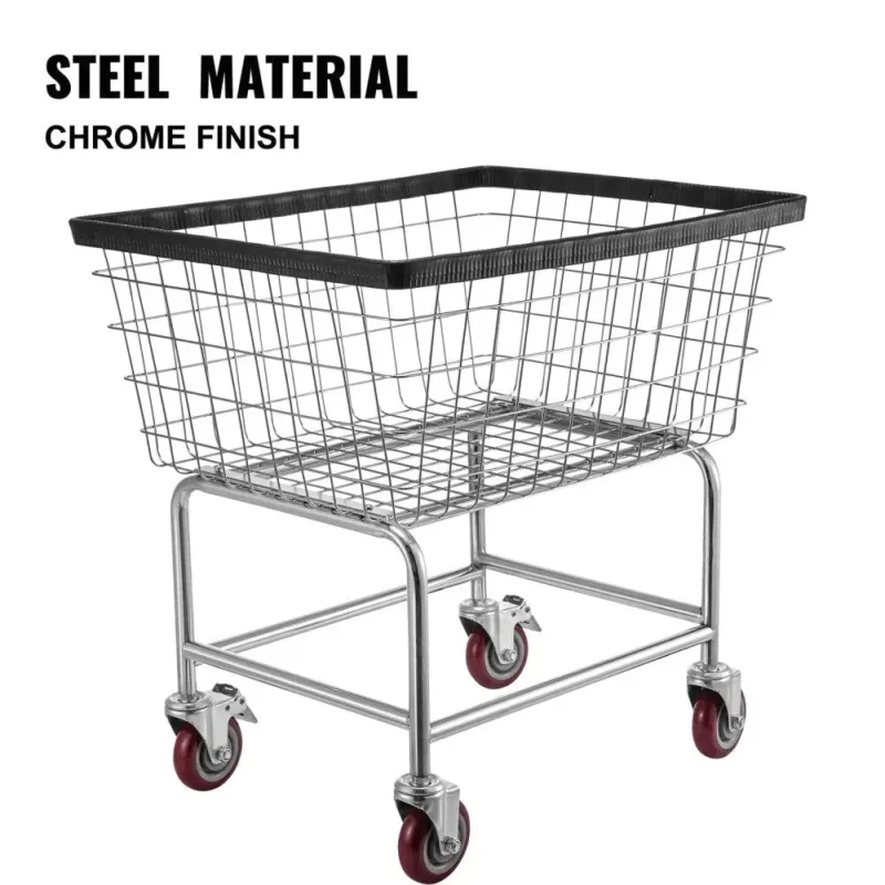 Heavy-Duty Chrome Wire Laundry Cart with Wheels - 2.5 Bushel Metal Storage Basket for Commercial Use - Image 2