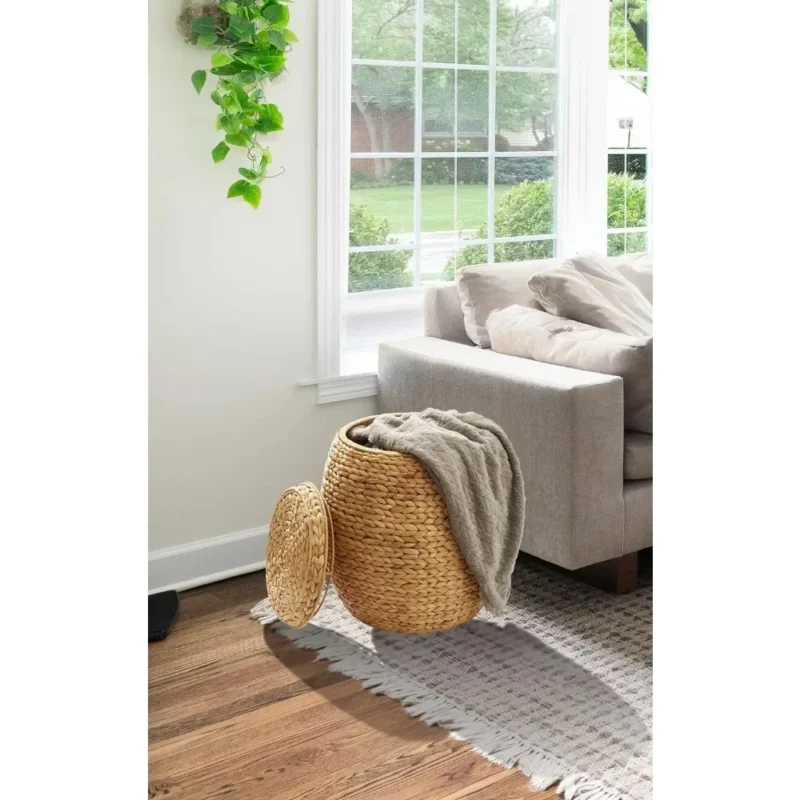 Large Round Water Hyacinth Storage Basket with Lid for Home Organization and Laundry - Image 2