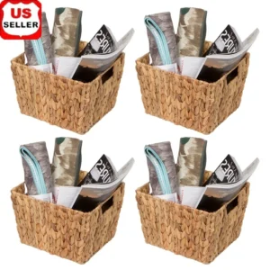 Natural Woven Hyacinth Storage Basket Set of 4 with Handles for Home Organization and Stylish Decor