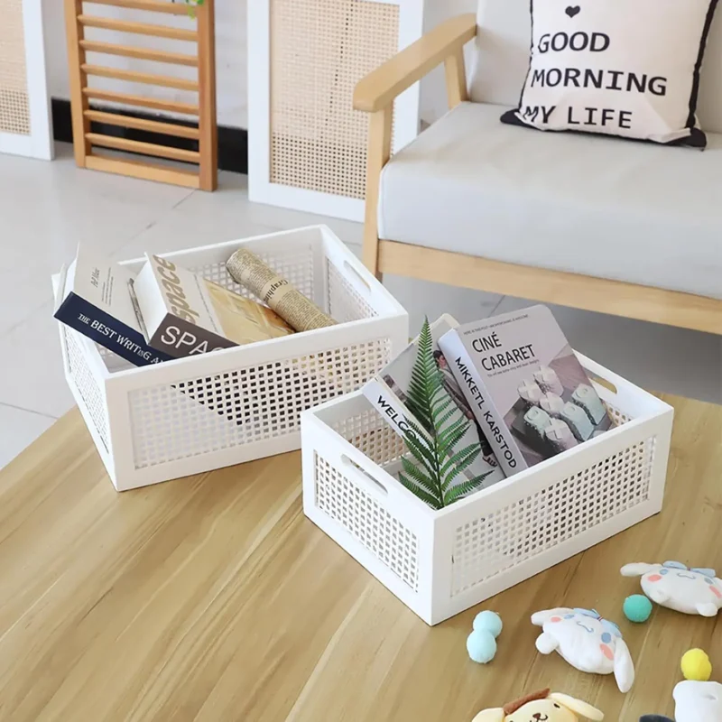 White Woven Rattan Storage Baskets with Handles for Desk and Drawer Organization (Set of 2)