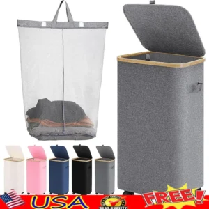 Large Rolling Bamboo Laundry Hamper with Lid and Wheels for Bedroom and Bathroom Storage