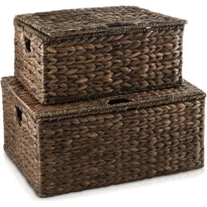 Handwoven Water Hyacinth Rectangular Storage Baskets with Lids Set of 2 for Home Organization Shelves