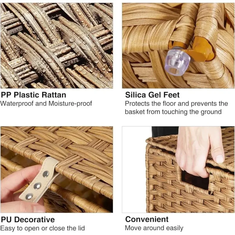 Large Handwoven Synthetic Rattan Laundry Hamper with Lid and Detachable Liner for Bathroom Storage - Image 6