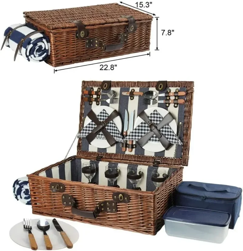 Extra Large Willow Picnic Basket with Dining Set for 4 People with Food Cooler and Fleece Blanket - Image 3