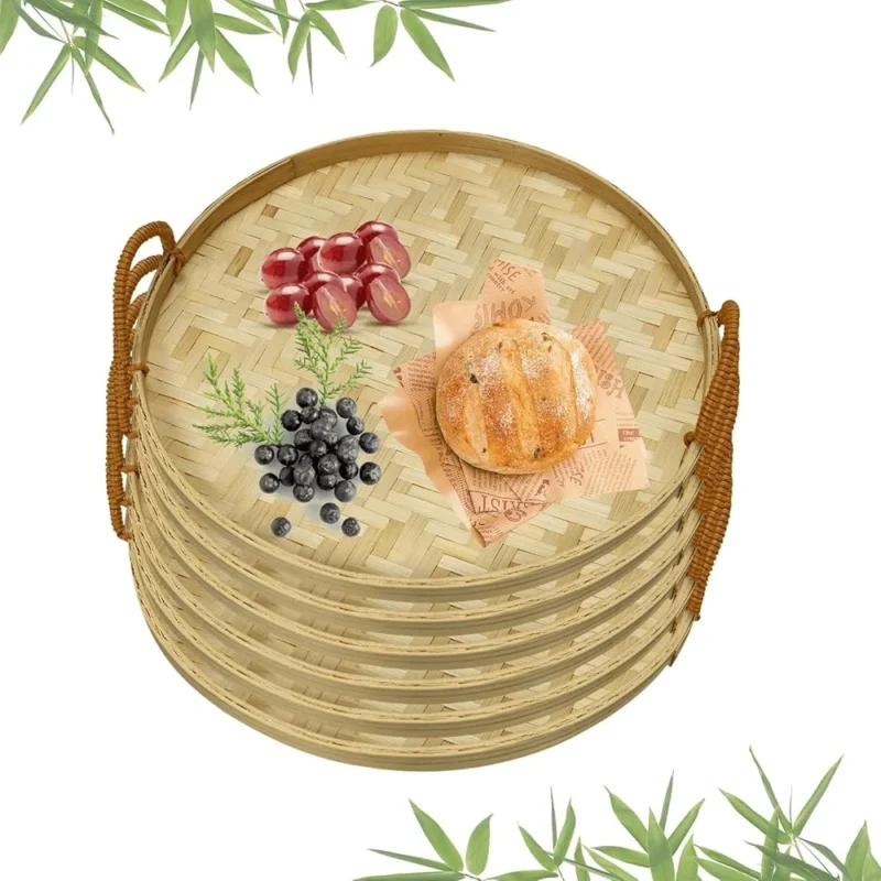 Handcrafted Round Bamboo Wicker Serving Tray Set with Handles for Food Presentation and Home Decor - Image 6