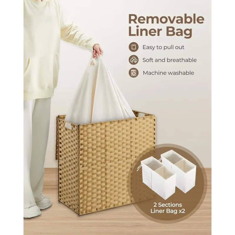 Large Rectangular Wicker Laundry Hamper with Lid and Removable Liners for Bedroom Bathroom Storage - Image 5