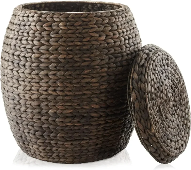Large Round Water Hyacinth Storage Basket with Lid for Home Organization and Laundry - Image 7