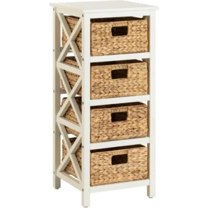 Rustic X-Side Storage Cabinet with 4 Wicker Baskets for Home Organization