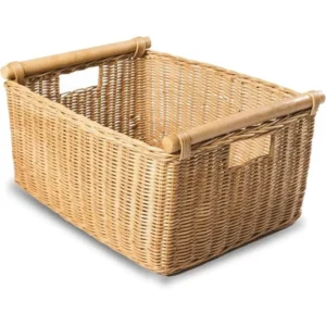 Extra Large Sandstone Wicker Storage Basket with Pole Handles for Home Organization
