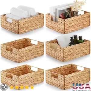 6-Piece Natural Water Hyacinth Storage Basket Set with Handles for Home Organization