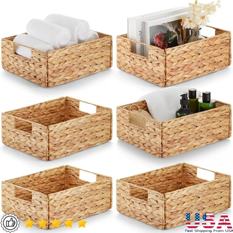 6-Piece Natural Water Hyacinth Storage Basket Set with Handles for Home Organization
