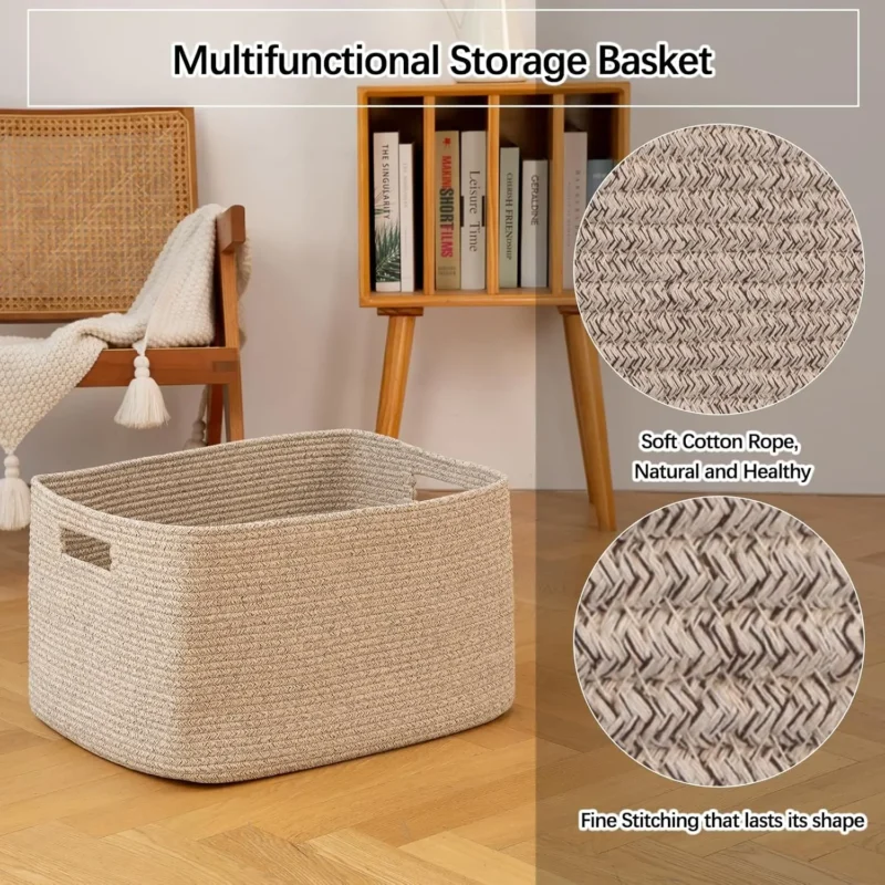 Large Cotton Rope Woven Storage Basket with Handle for Blankets and Home Organization - Image 4