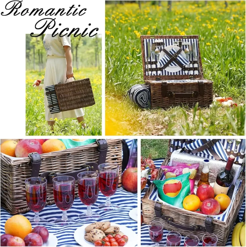 Classic Wicker Picnic Basket with Cooler and Blanket for 4 Persons Family Outdoor Dining - Image 5