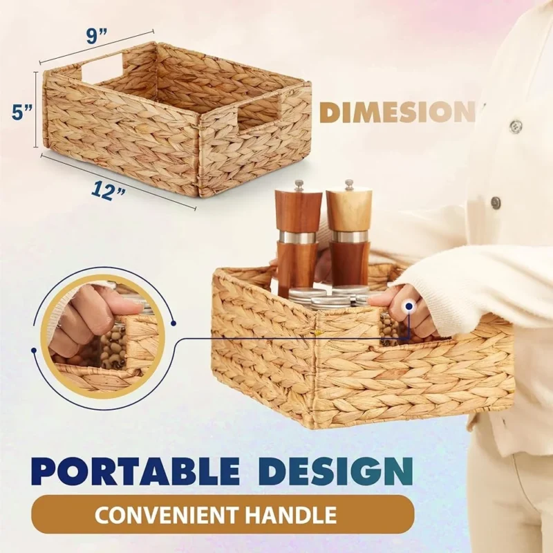 6-Piece Natural Water Hyacinth Storage Basket Set with Handles for Home Organization - Image 3