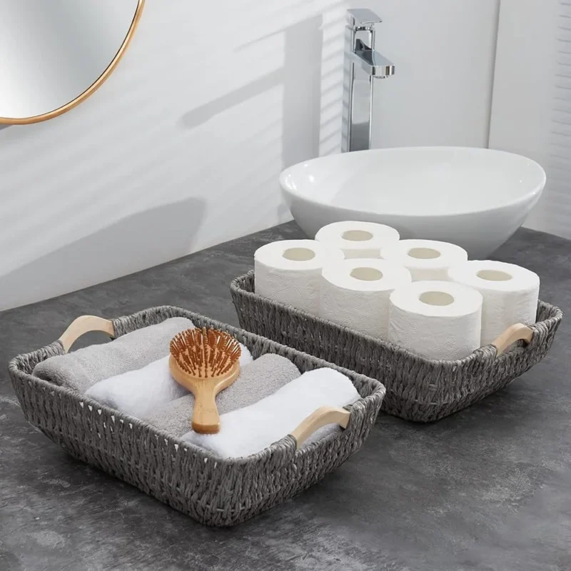 Handcrafted Natural Paper Rope Storage Baskets with Wooden Handles for Home Organization Set of 2 - Image 5