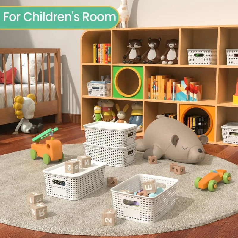 Stackable Plastic Storage Baskets with Lid for Shelf Organization and Home Storage - Image 4