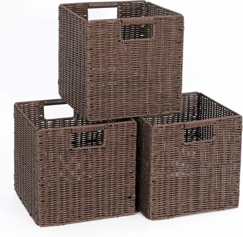 Square Plastic Wicker Storage Baskets Set of 3 with Collapsible Design for Cube Storage Organization - Image 7