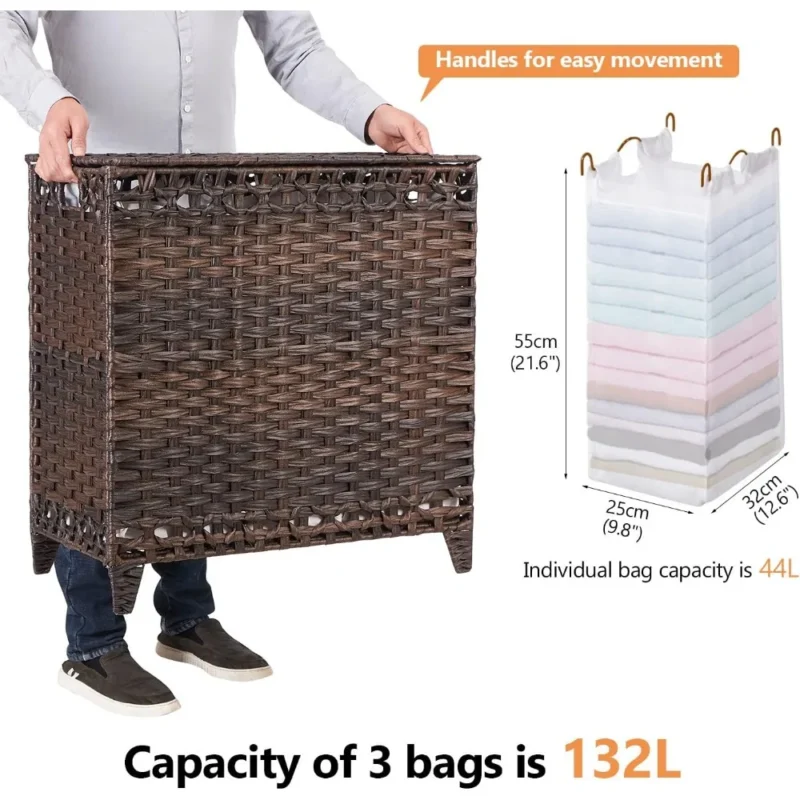 Large Handwoven Rattan Laundry Hamper with Lid and 3 Removable Liner Bags for Bathroom Organization - Image 4