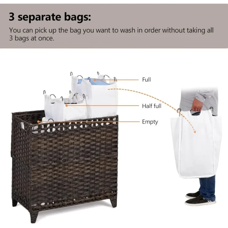 Large Handwoven Rattan Laundry Hamper with Lid and 3 Removable Liner Bags for Bathroom Organization - Image 3