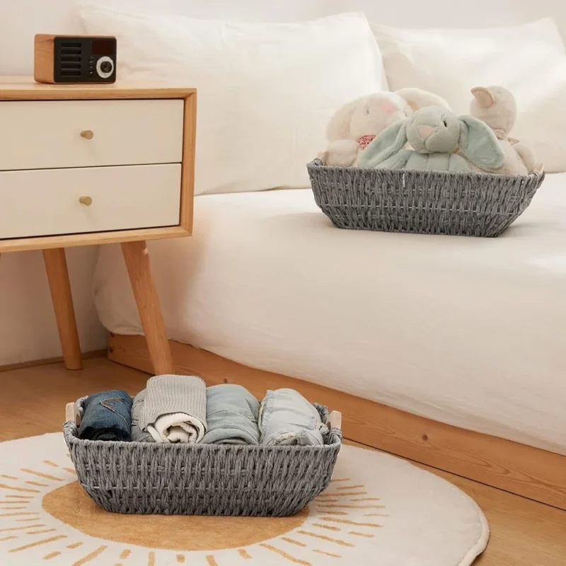 Handcrafted Natural Paper Rope Storage Baskets with Wooden Handles for Home Organization Set of 2 - Image 3