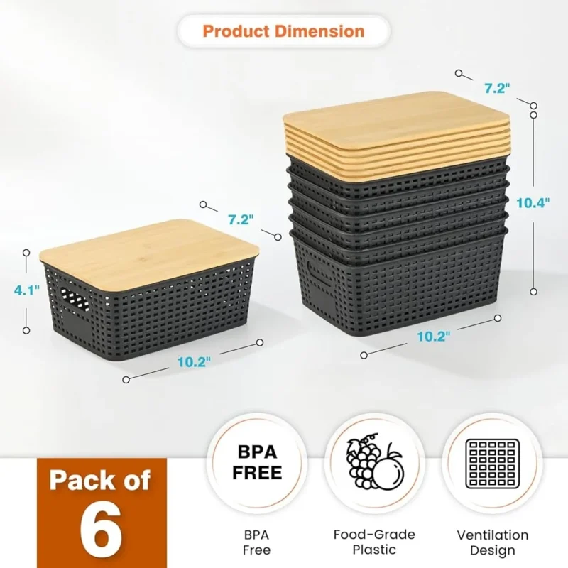 Stackable Woven Storage Baskets with Bamboo Lid for Home Office Kitchen Organization - Image 3