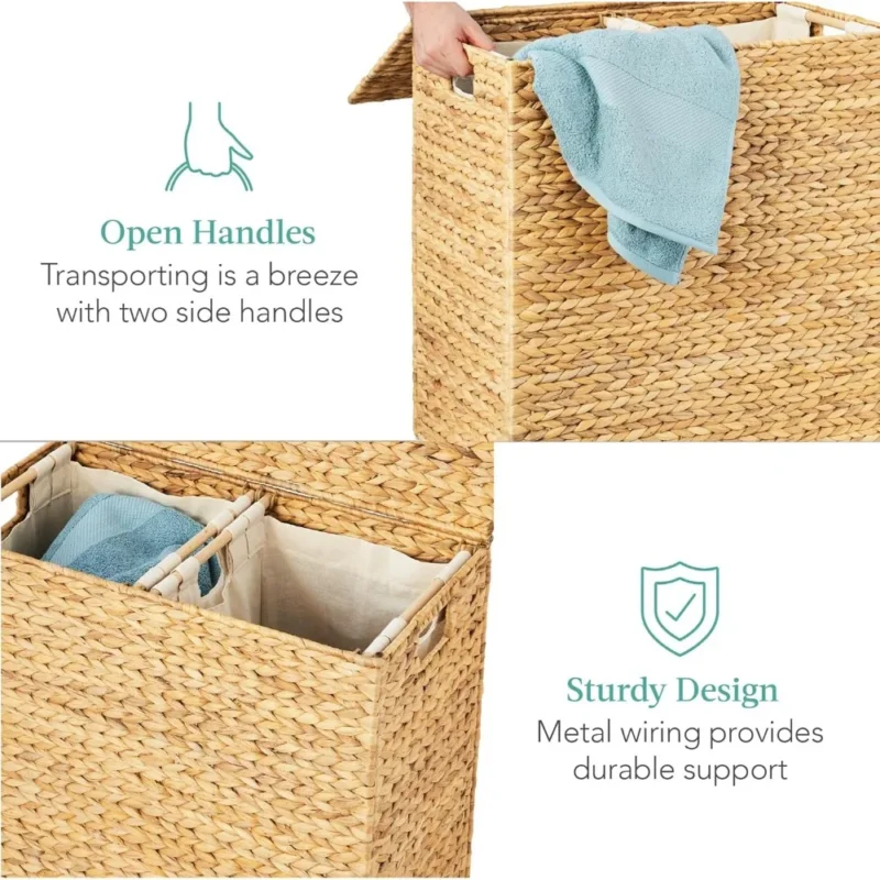 Large Natural Wicker Double Laundry Hamper with Lid and Washable Liner Bags for Bedroom Organization - Image 4