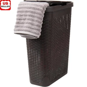 Slim 40L Wicker Laundry Hamper with Lid for Bathroom Storage and Organization