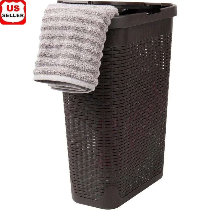 Slim 40L Wicker Laundry Hamper with Lid for Bathroom Storage and Organization