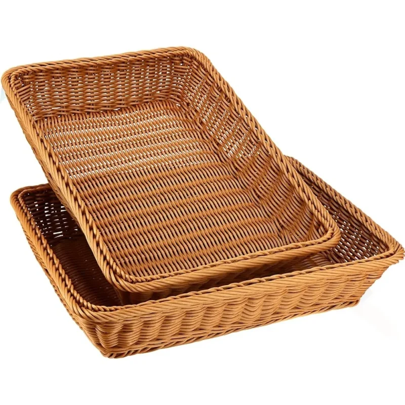 Rectangular Natural Poly-Wicker Bread Baskets Set of 3 with Handles for Food Serving and Kitchen Organization - Image 6