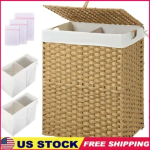 Large Handwoven Wicker Laundry Hamper with Lid and Dual Compartments for Bedroom Organization