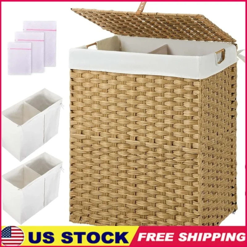 Large Handwoven Wicker Laundry Hamper with Lid and Dual Compartments for Bedroom Organization
